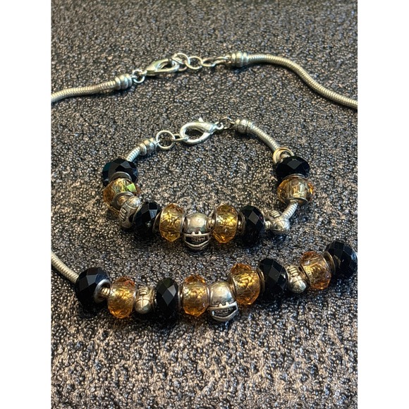 Football Charm Bracelet and Necklace Set Faceted Black and Gold Beads Steelers - Picture 1 of 4